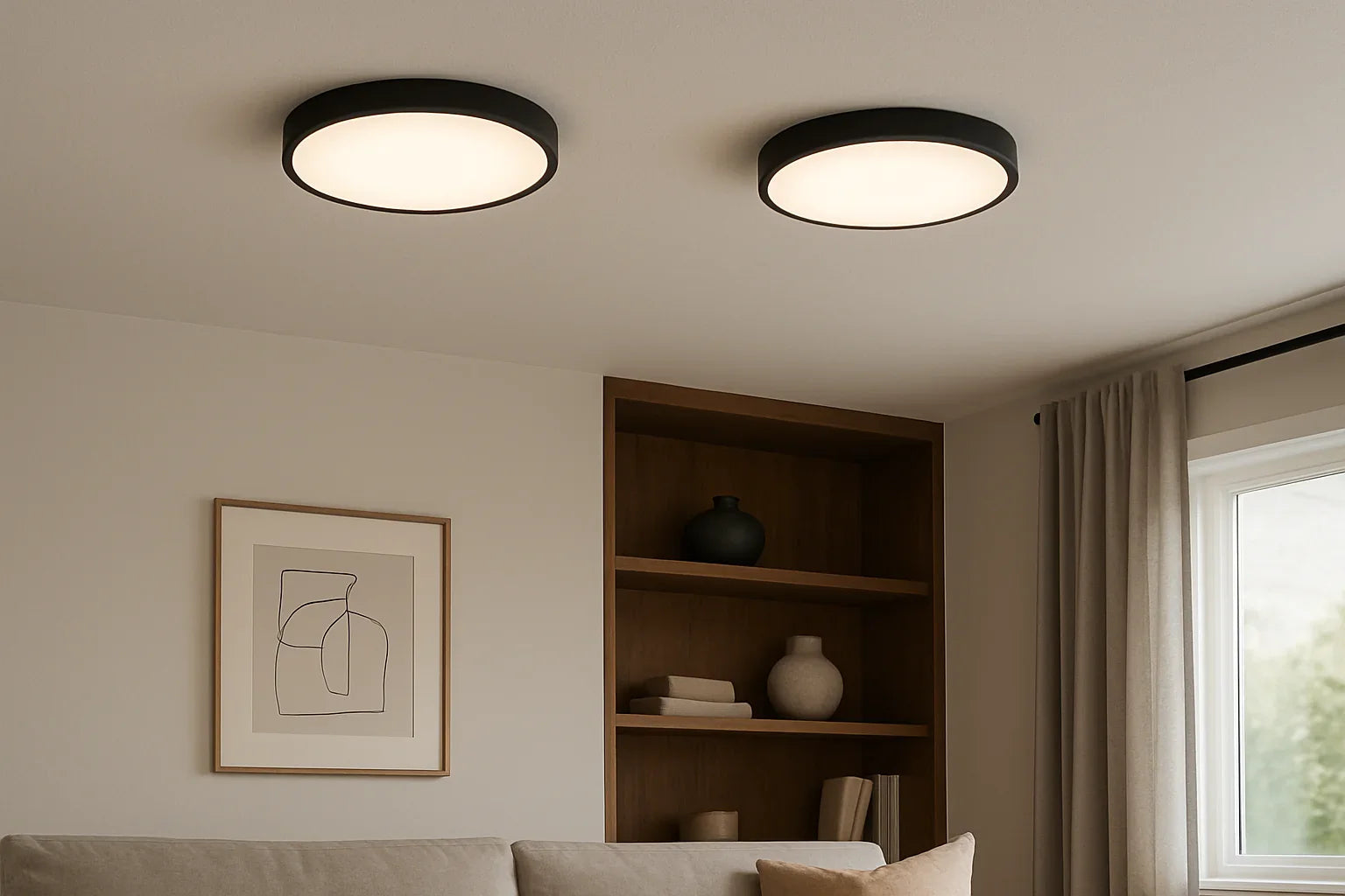 Modern living room with two round black-framed ceiling lights, beige sofa, wooden shelves, and abstract wall art