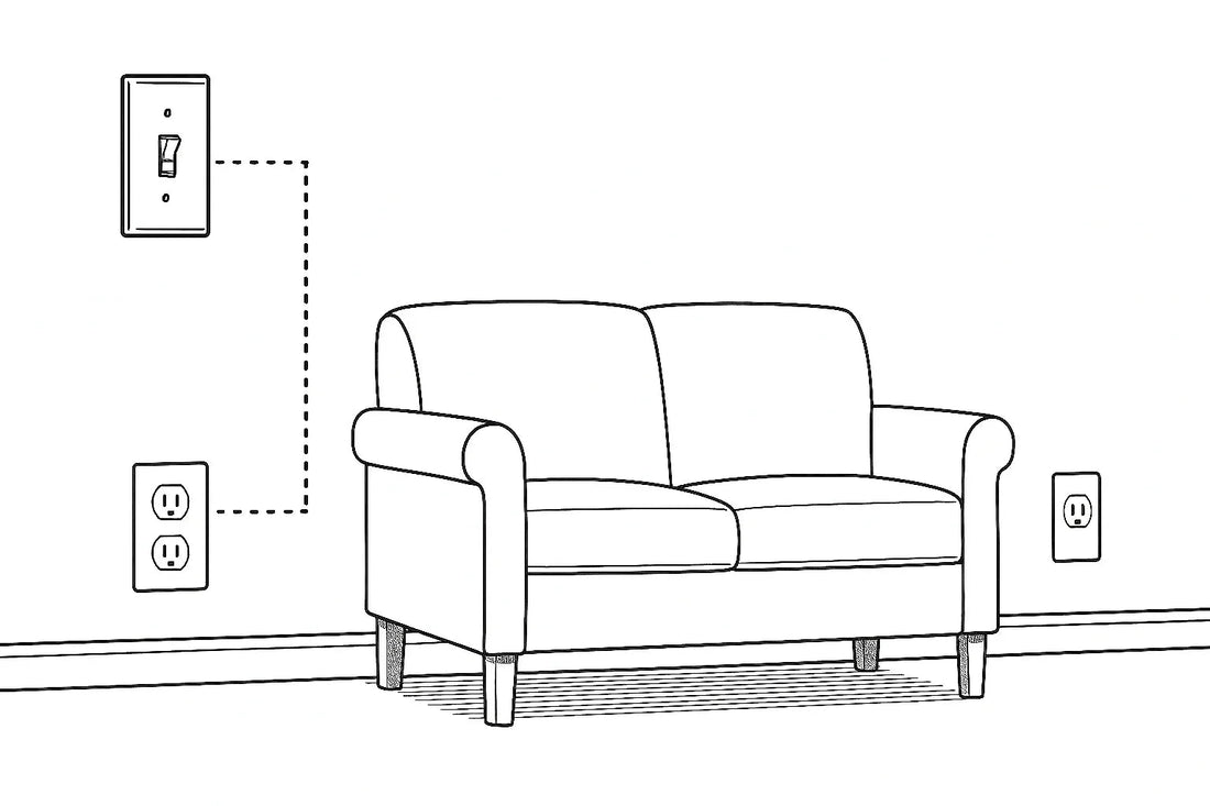 Black and white line drawing of a couch with electrical outlets and a light switch on the wall