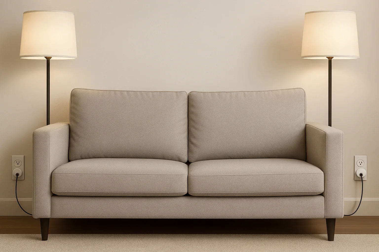 Beige modern couch with two cushions flanked by two lit floor lamps and electrical outlets on each side
