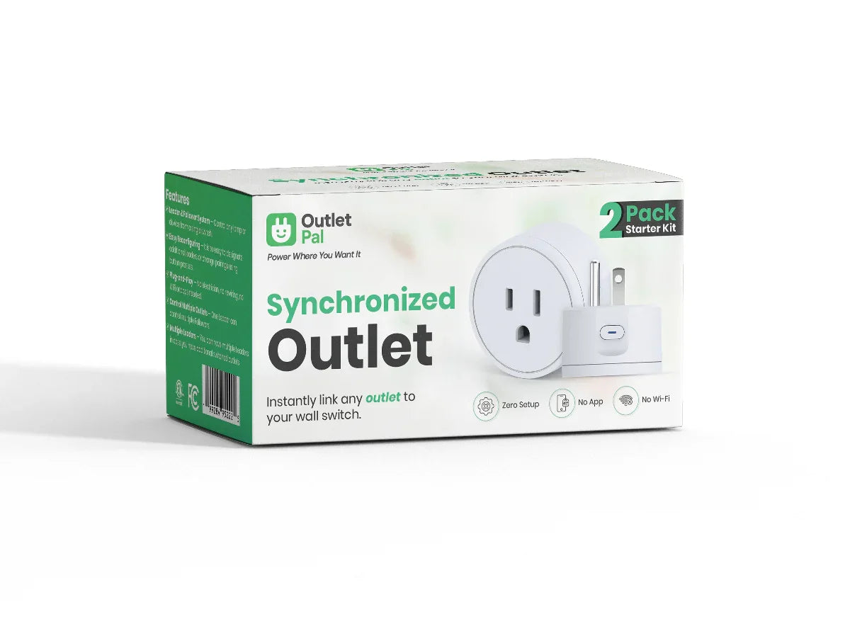 Outlet Pal synchronized outlet 2 pack starter kit with zero setup, no app, no Wi-Fi, white packaging