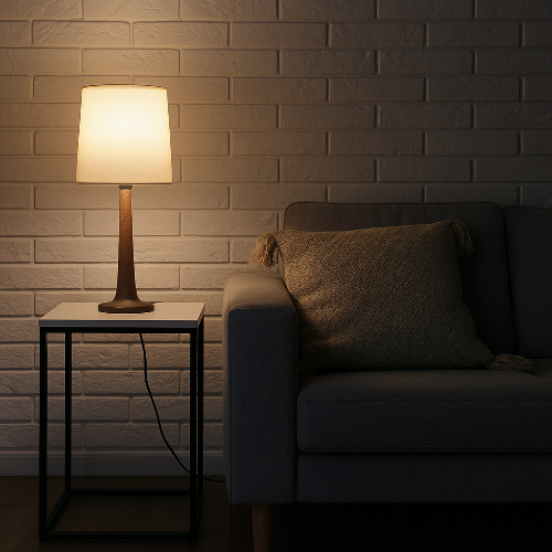 Dark living room with a lit table lamp and a sofa against a brick wall.