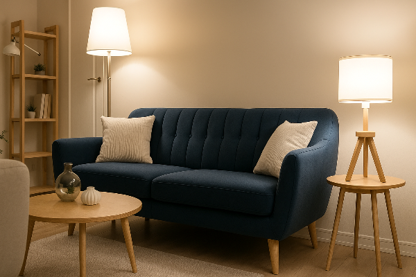Navy blue sofa with beige cushions in a living room setting with wooden coffee table and side table, and floor lamp.
