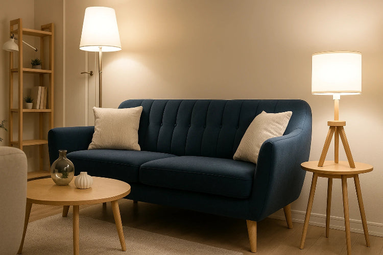 Navy blue sofa with beige cushions in a living room setting with wooden coffee table