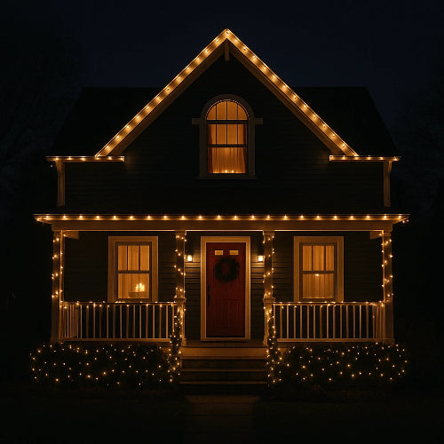 House exterior with string lights on a dark background